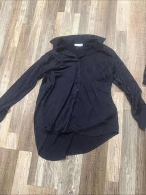 Button-Front Navy Long-Sleeve Blouse with Draped Collar